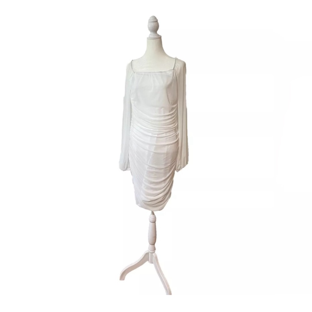 White Mini Dress Bodycon Ruched Long Puff Sleeve Sheer Square Neck Fairycore NWT